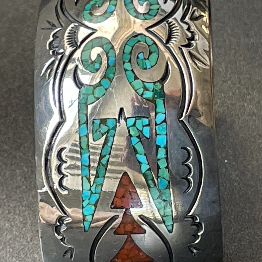 Vintage Silver Turquoise & Coral Inlay Cuff by Alfred Joe Navajo Tribe - Picture 11 of 16